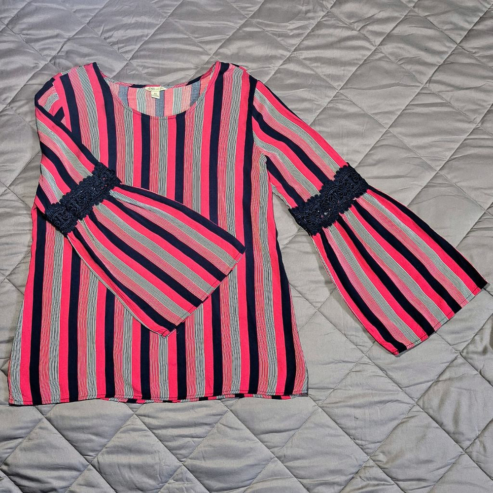 (M) Women's Cato Pink & Navy Striped Bell Sleeve Blouse